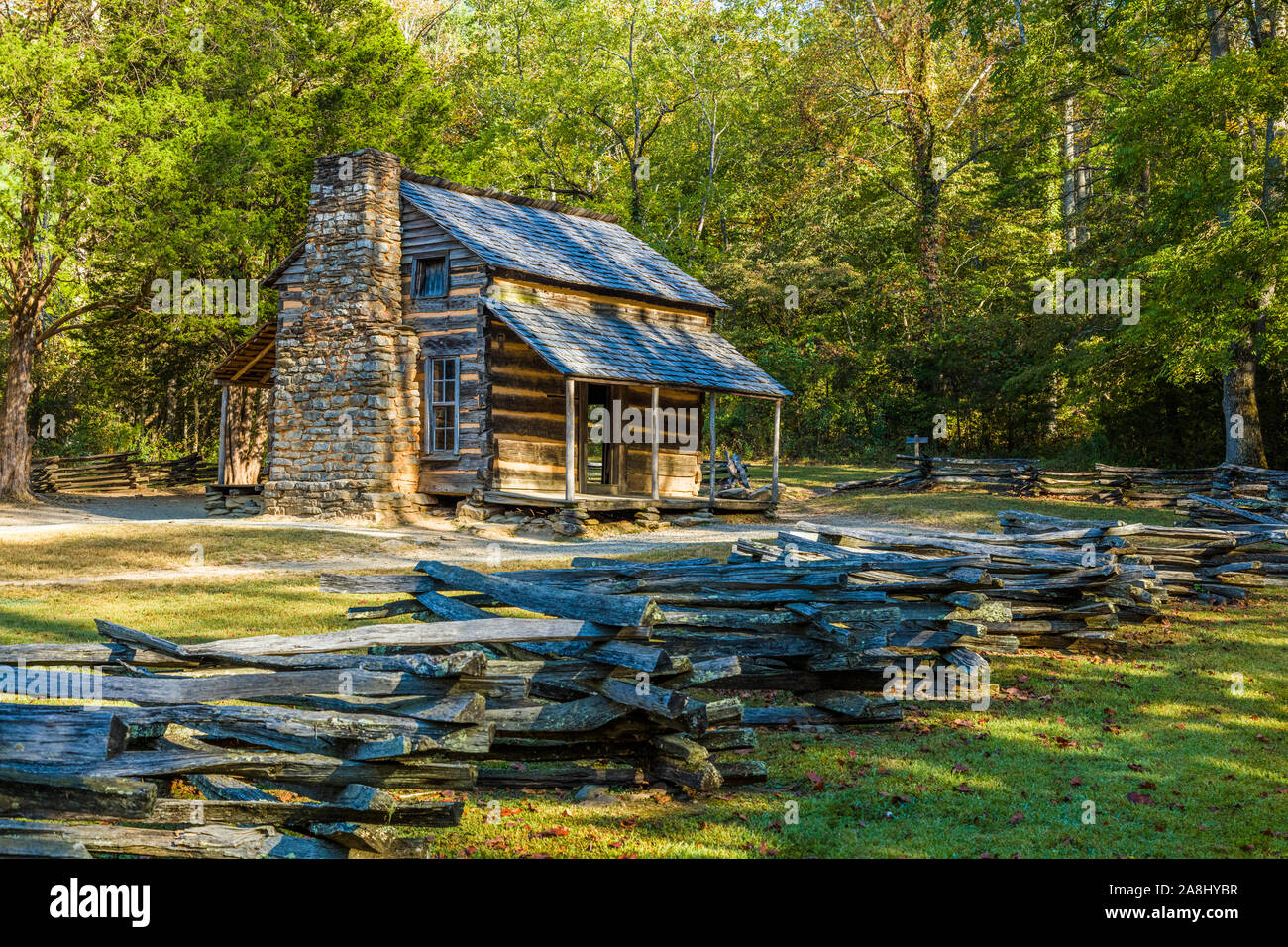 The John Oliver Place in Cades Cove in the Great Smoky Mountains National Park in Tennessee in the United States Stock Photo
