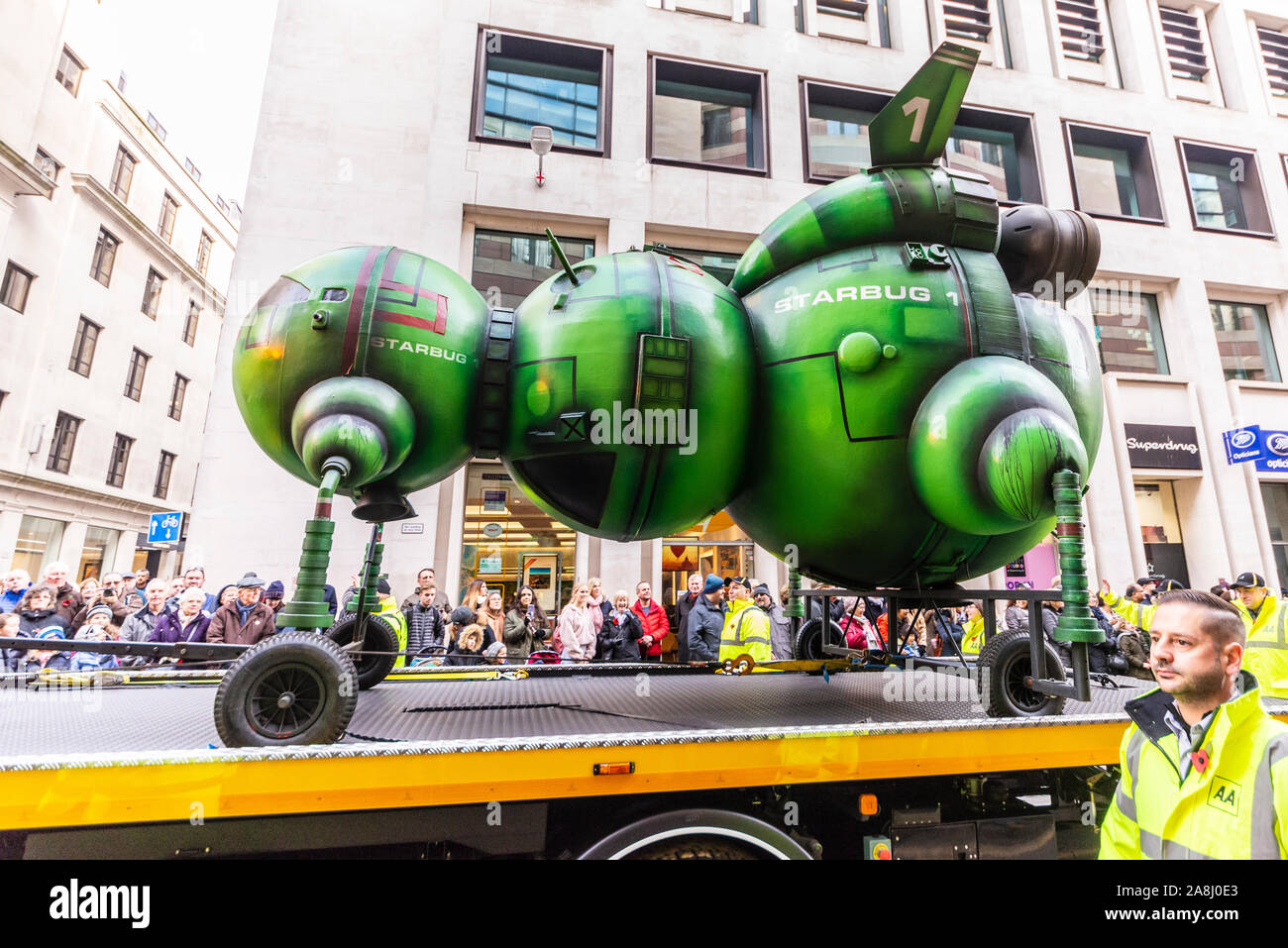 Automobile Association AA float with Red Dwarf Starbug at the Lord Mayor's Show Parade in City of London, UK. Breakdown truck Stock Photo