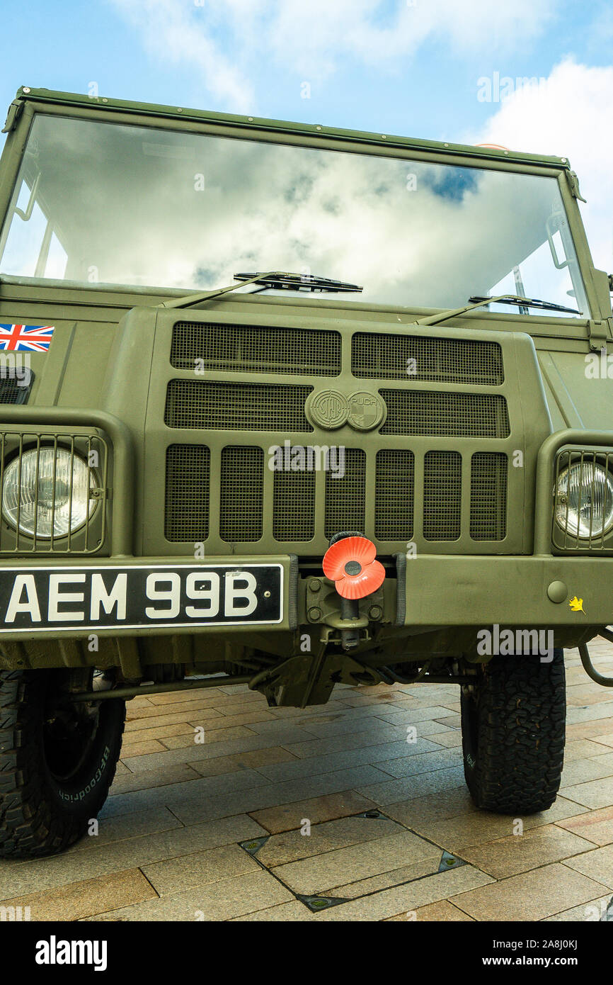 An EOD Army Vehicle (Explosive ordinance disposal ) attends the 100 year Remembrance Day parade, service in Albion Square, Hanley Stock Photo