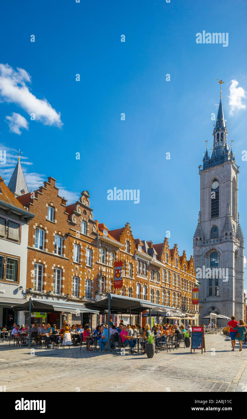 Restaurants and Belfry of Tournai in The Grand Place, Tournai, Belgium Stock Photo
