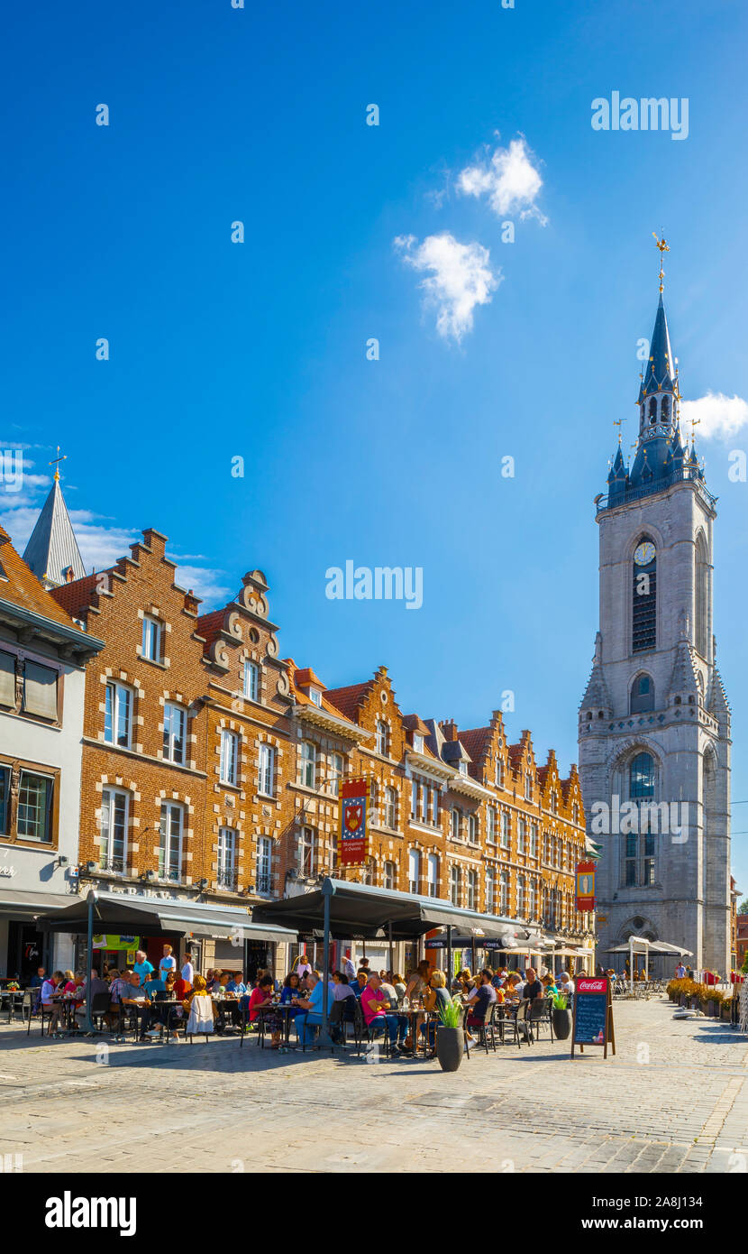 Restaurants and Belfry of Tournai in The Grand Place, Tournai, Belgium Stock Photo