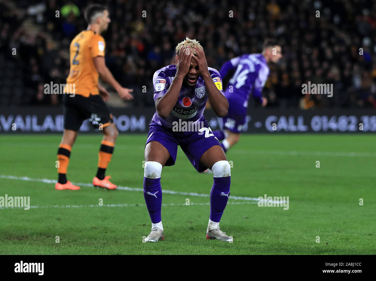West Bromwich Albion's Grady Diangana reacts after a missed chance during the Sky Bet Championship match at the KCOM Stadium, Hull. Stock Photo