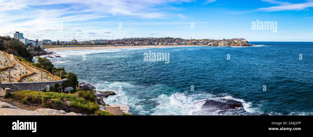 Bondi panorama at the Bondi to Coogee coastwalk. Famous place close to Sydney, Australia. Stock Photo