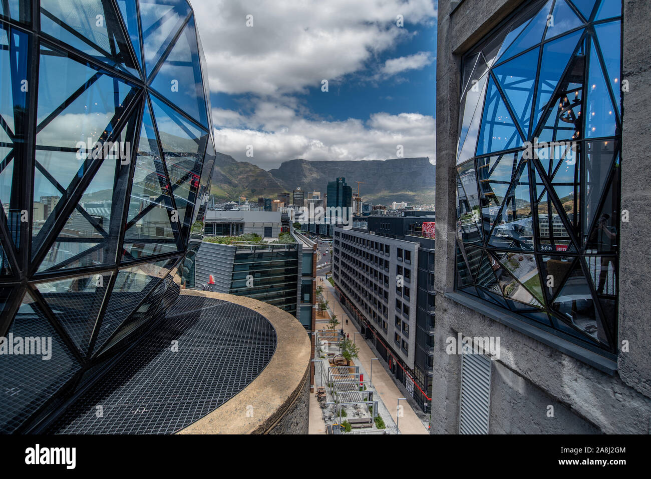 View of the street with Table Mountain in the background from the top of Zeitz Museum in Cape Town, South Africa Stock Photo