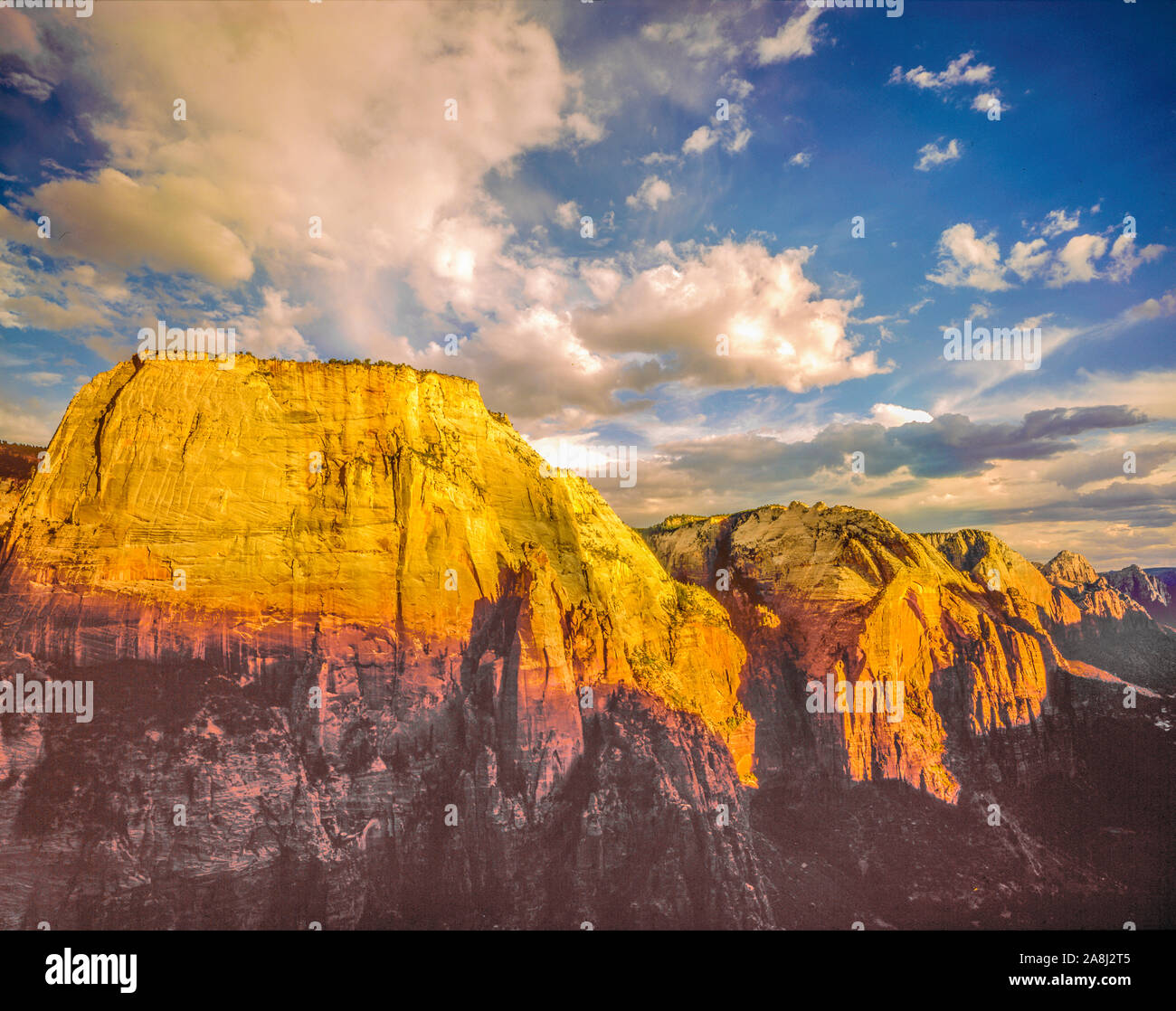 Zion Canyon from Angels Landing, Great White Throne, ZIon National Park, Utah Sunset Stock Photo