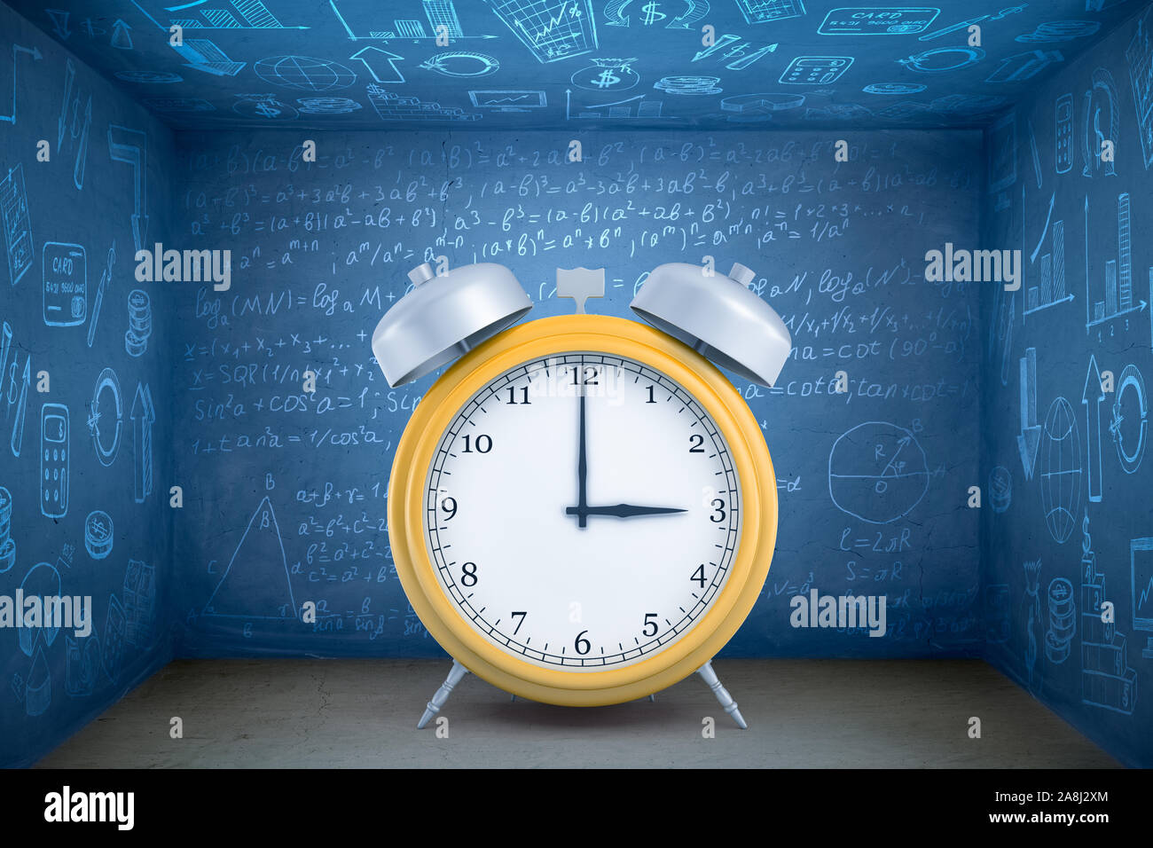 3d rendering or yellow alarm clock on blue math formula background. Time  expired. Time planning. Business and management Stock Photo - Alamy