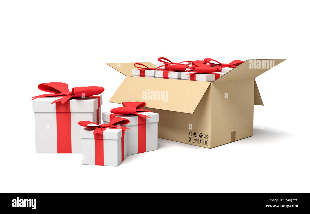 3d rendering of gift boxes in carton box. Holiday season fuss. Choice of presents. Holiday specials. Stock Photo