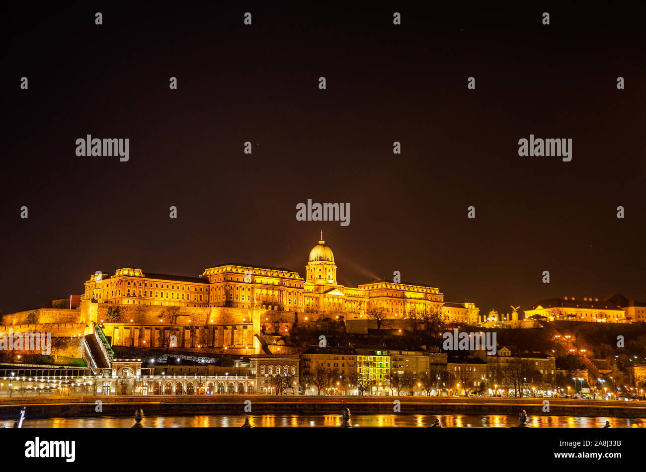 Buda Castle or Royal Palace in Budapest, Hungary Illuminated at Night Stock Photo