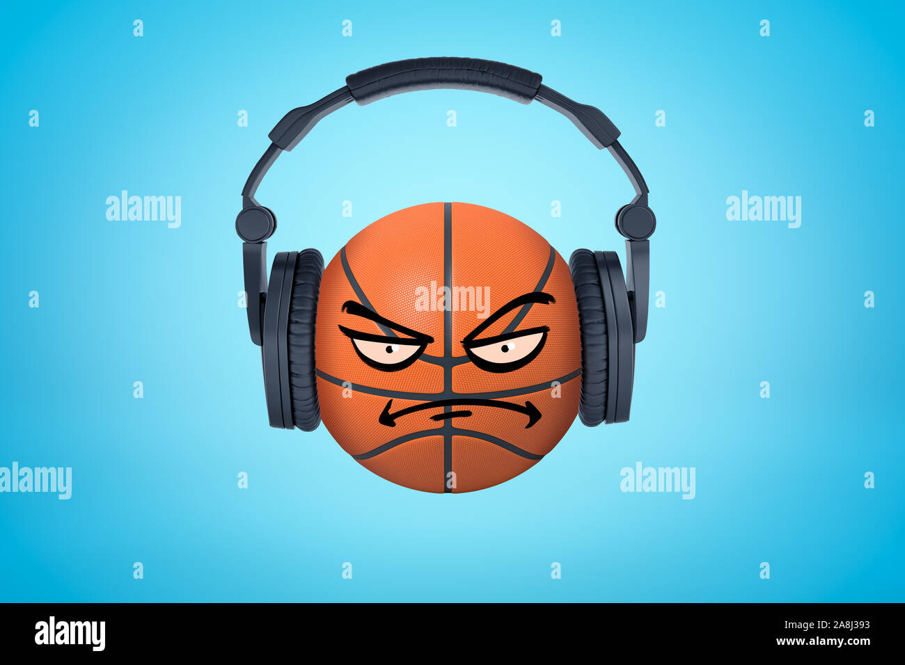 3d rendering of smiley faced basketball ball wearing black headphones on  blue background. Sound and vision. Music and noise. Digital art Stock Photo  - Alamy