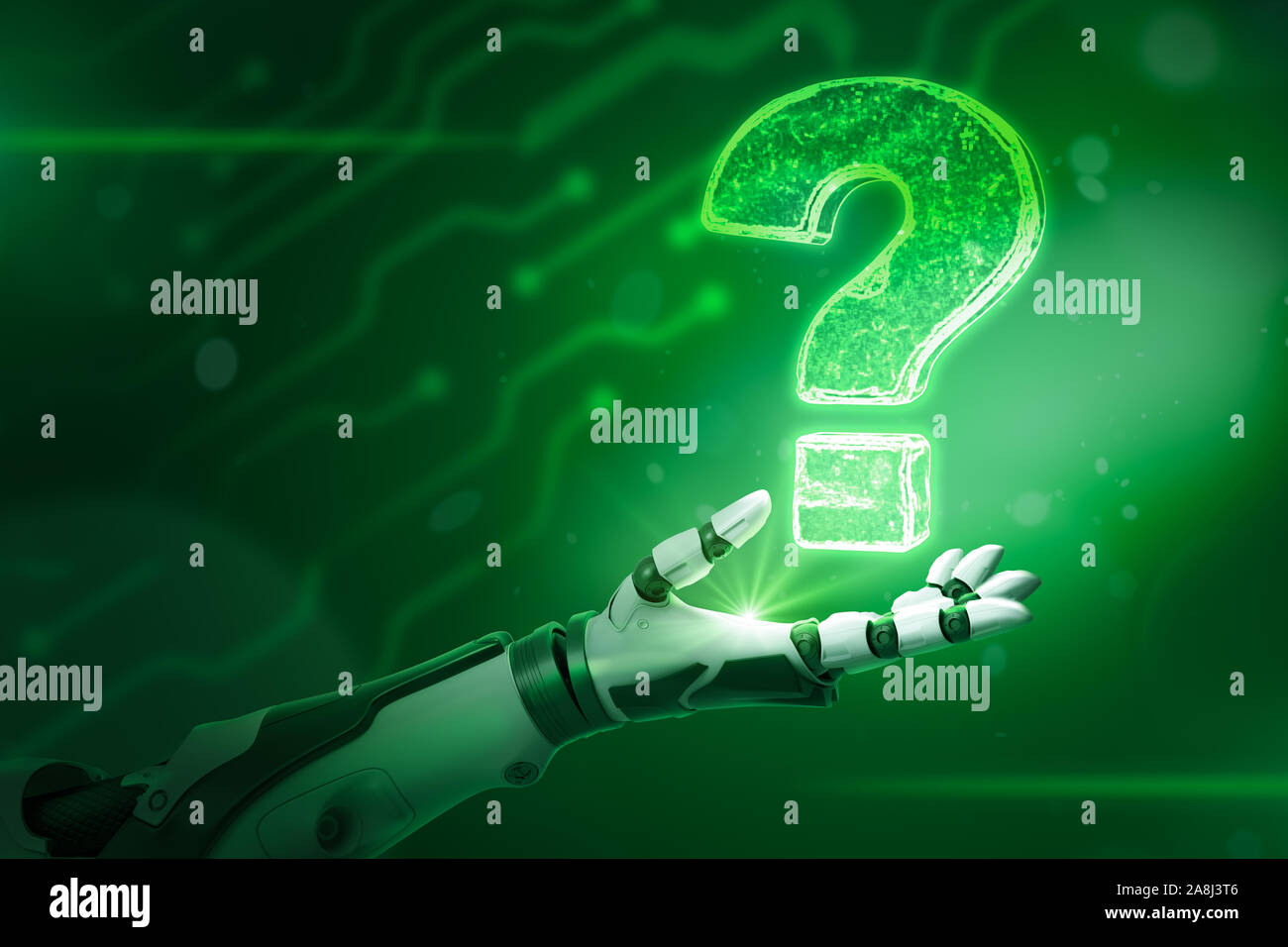 Robotic hand and neon question mark on green background Stock Photo Alamy