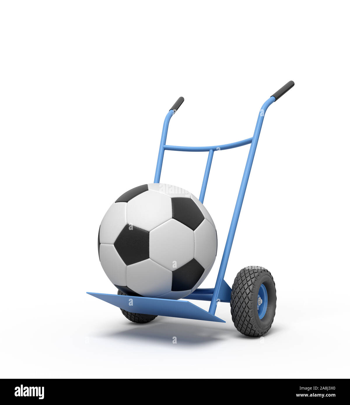 3d rendering of navy blue hand truck standing upright with football on it. Stock Photo