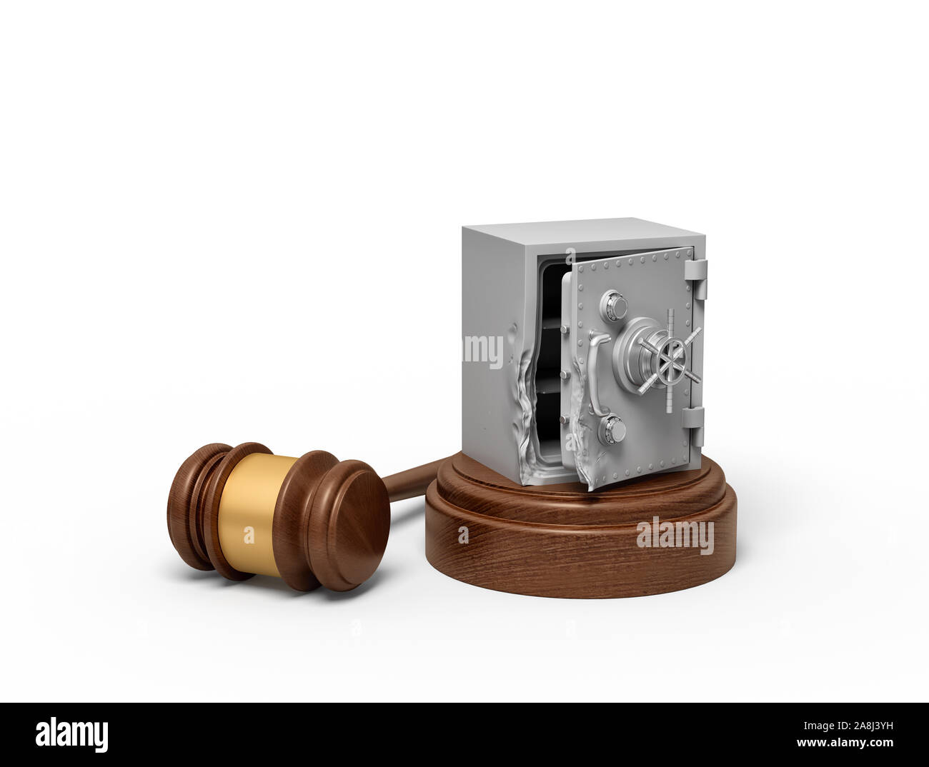 3d rendering of broken damaged metal bank safe on round wooden block and brown wooden gavel Stock Photo