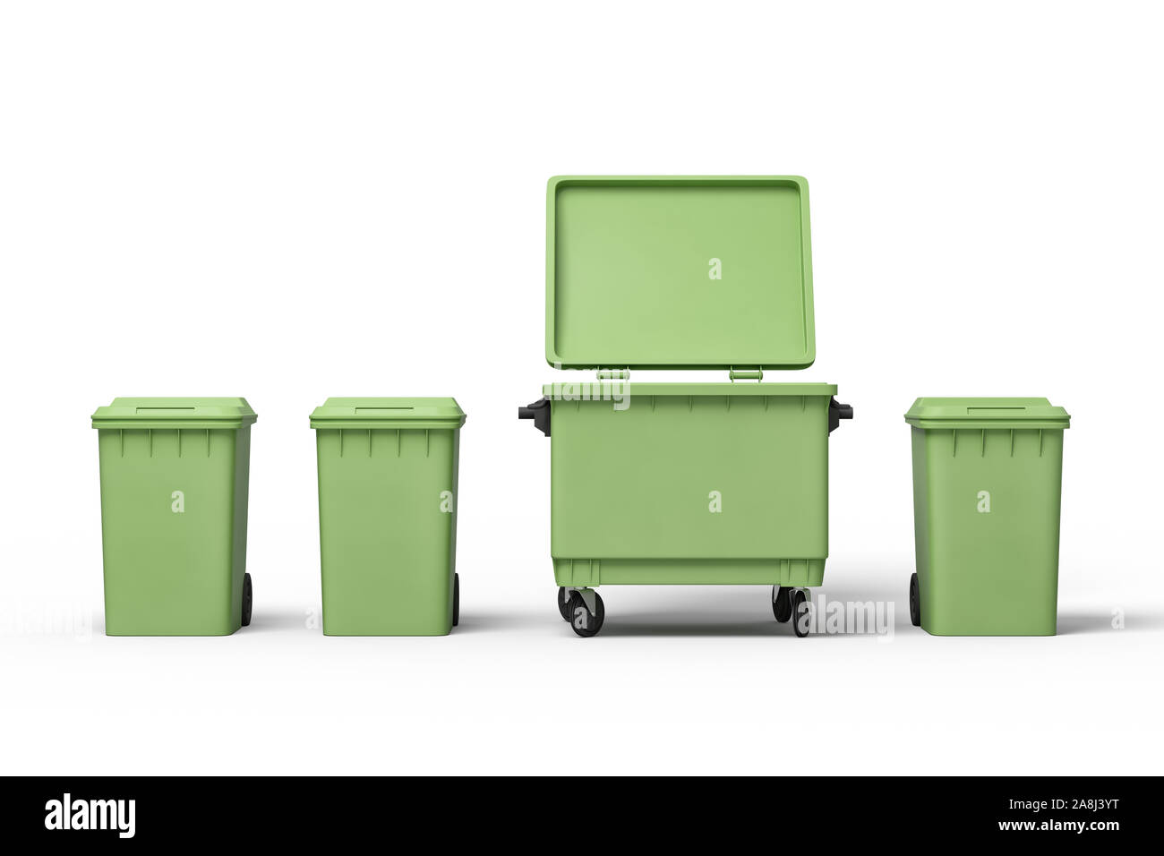3d rendering of four green trash cans standing in row Stock Photo