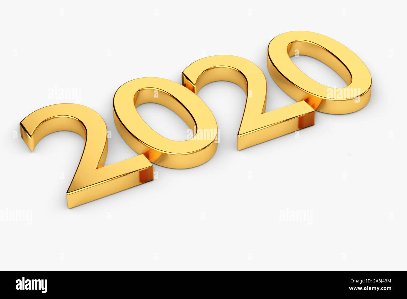 Gold numbers of New Year 2020 lies on white. 3d render Stock Photo