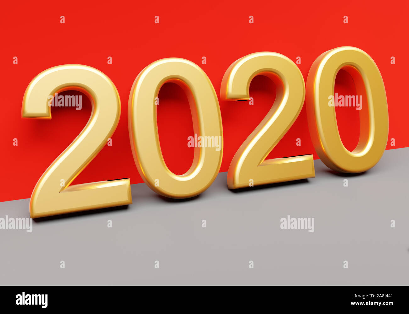 Gold numbers of New Year 2020 near red wall. 3d render Stock Photo