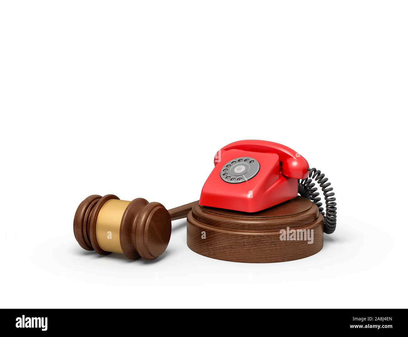 3d rendering of red retro telephone standing on sounding block with gavel beside. Stock Photo