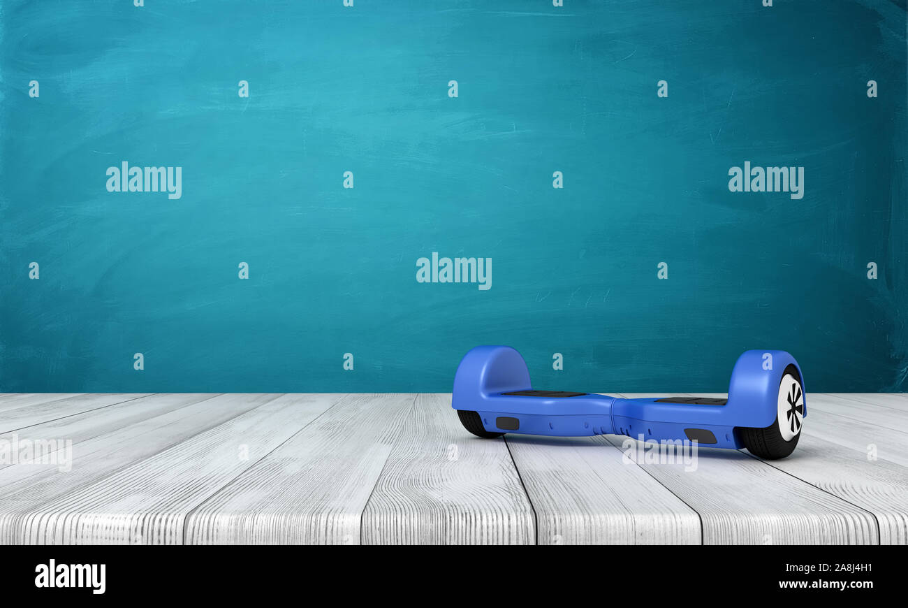 3d rendering of blue hoverboard on white wooden floor and dark turquoise background Stock Photo