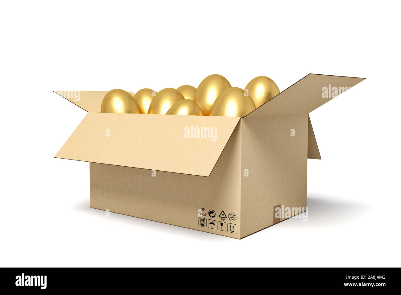 3d rendering of golden eggs in carton box. Stock Photo
