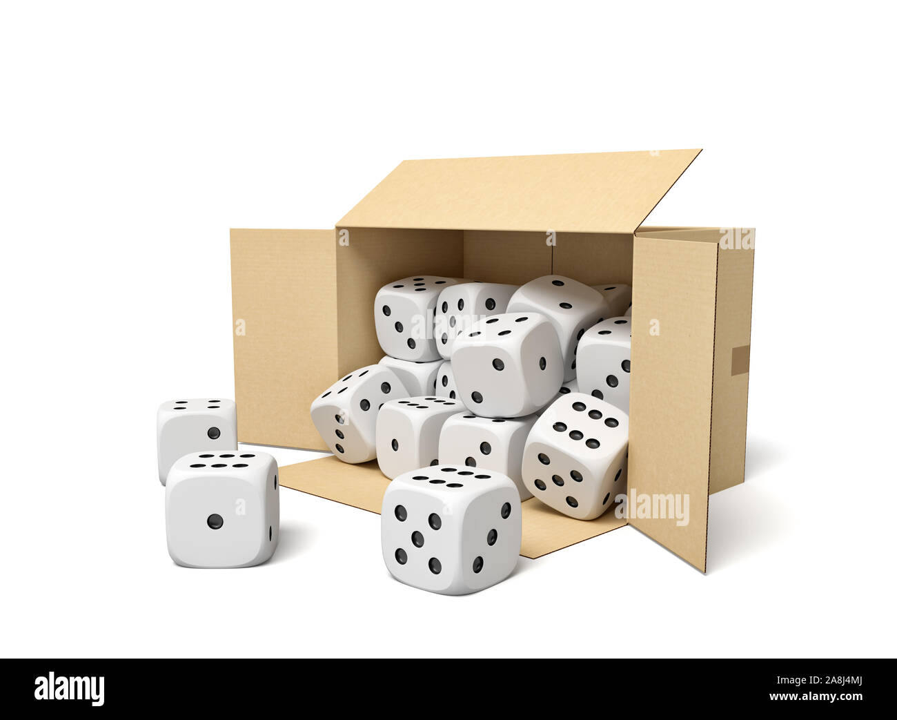 3d rendering of cardboard box lying sidelong full of white dice with black spots. Stock Photo
