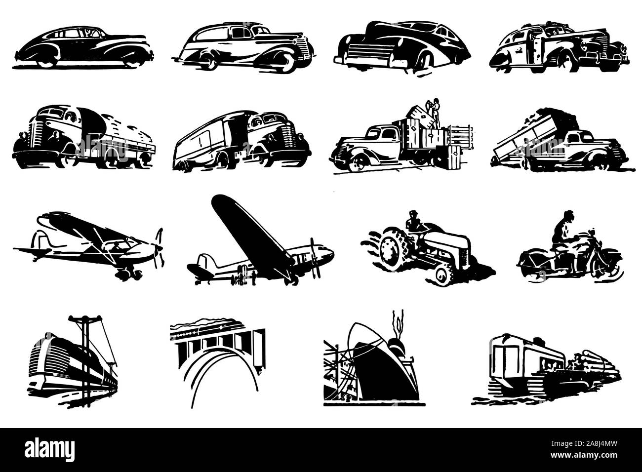 Set of historical transportation icons or pictograms Stock Vector