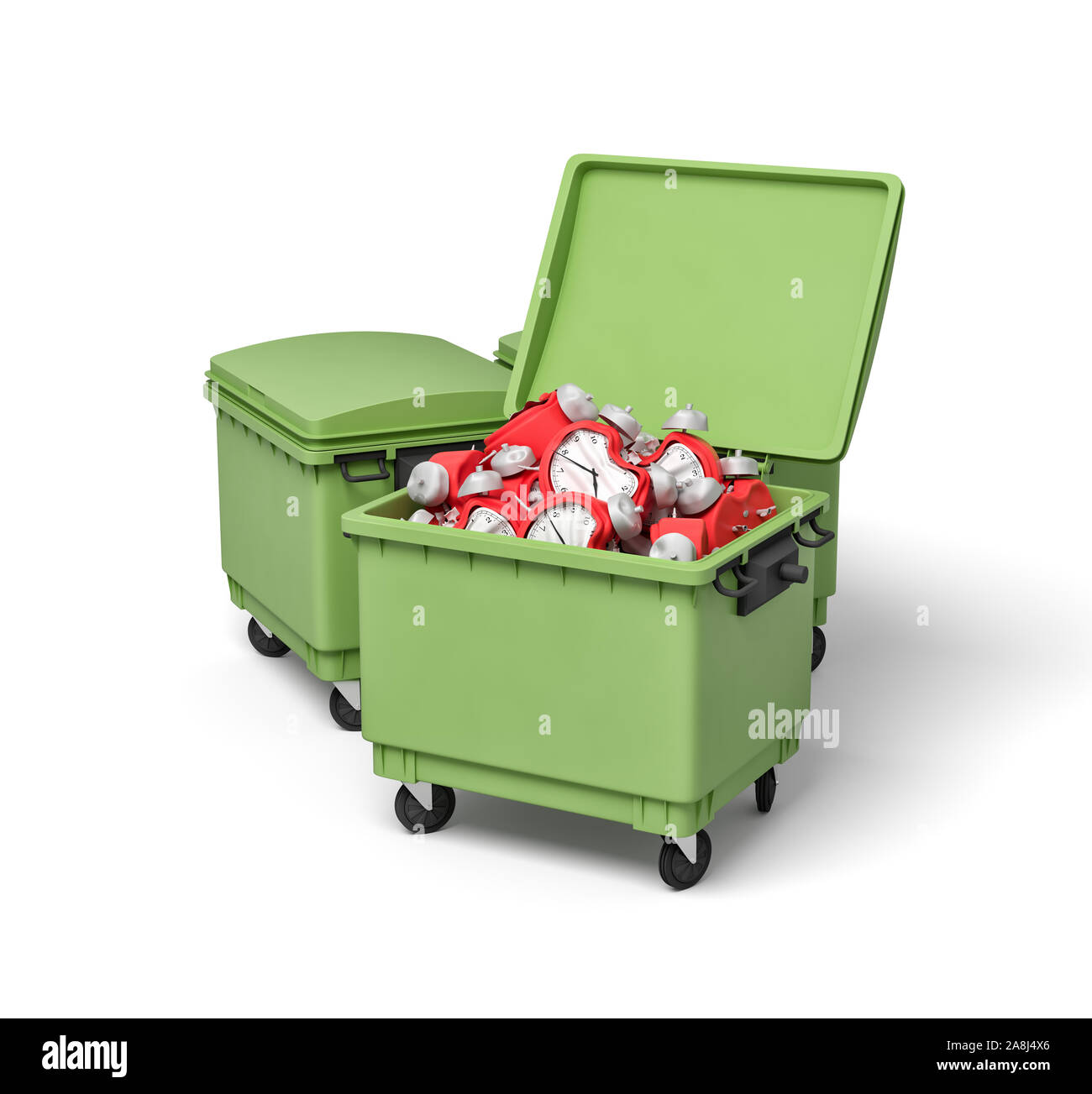 3d rendering of two green trash cans, front can open and full of broken and bent red alarm clocks. Stock Photo