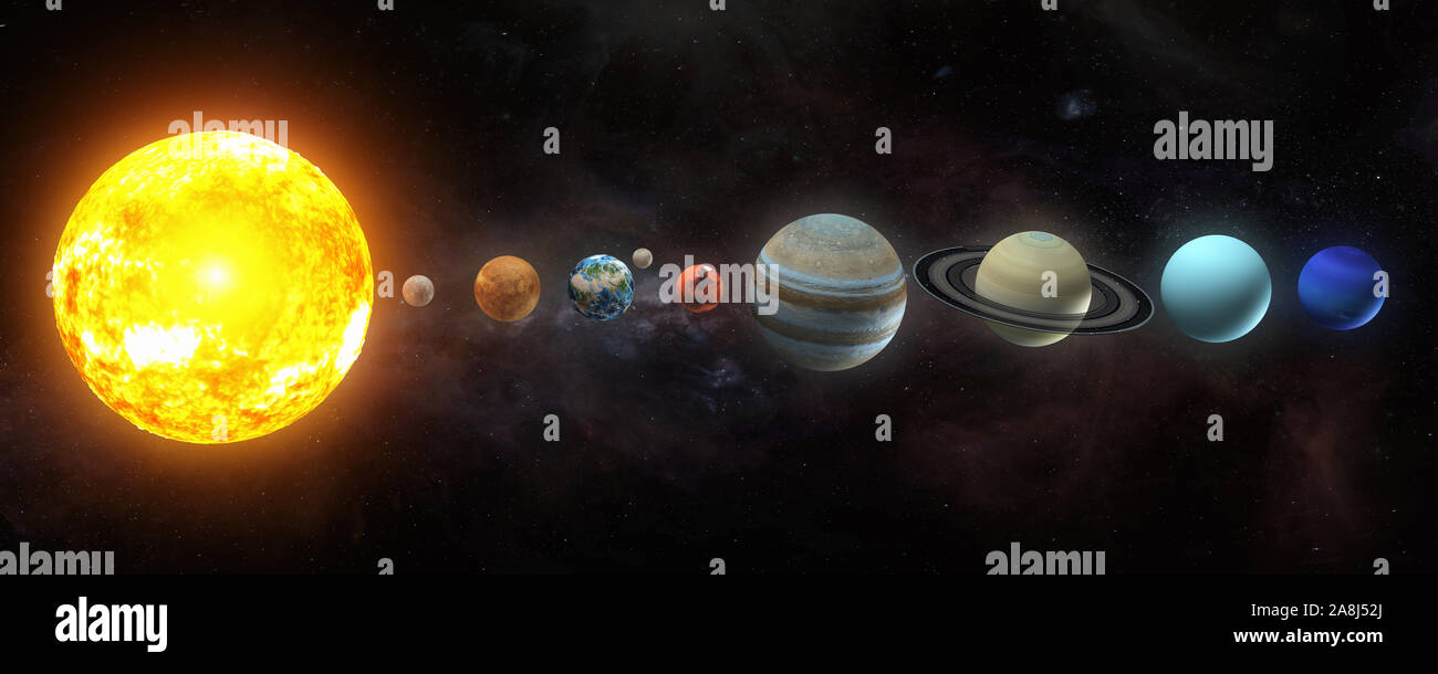 Solar system planets set. The Sun and planets in a row on universe stars background.Elements of this image furnished by NASA. 3d illustration Stock Photo