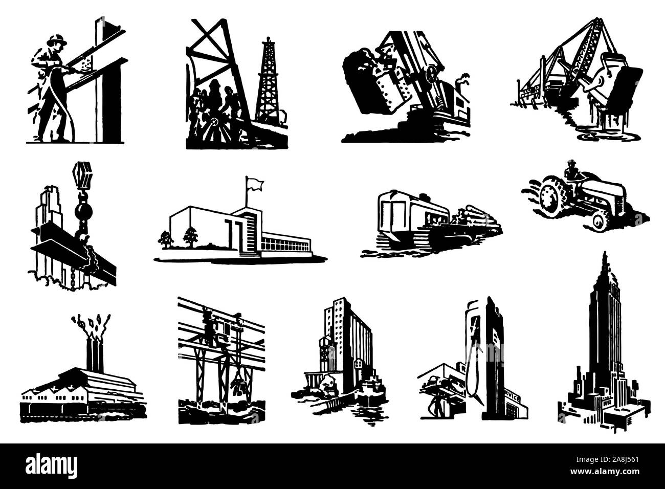 Set of historical industrial pictograms or icons Stock Vector