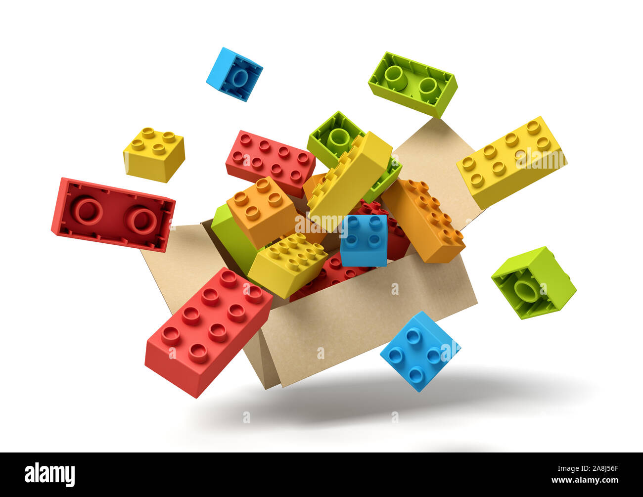 3d rendering of cardboard box in air full of colorful toy bricks which are flying out and floating outside. Stock Photo