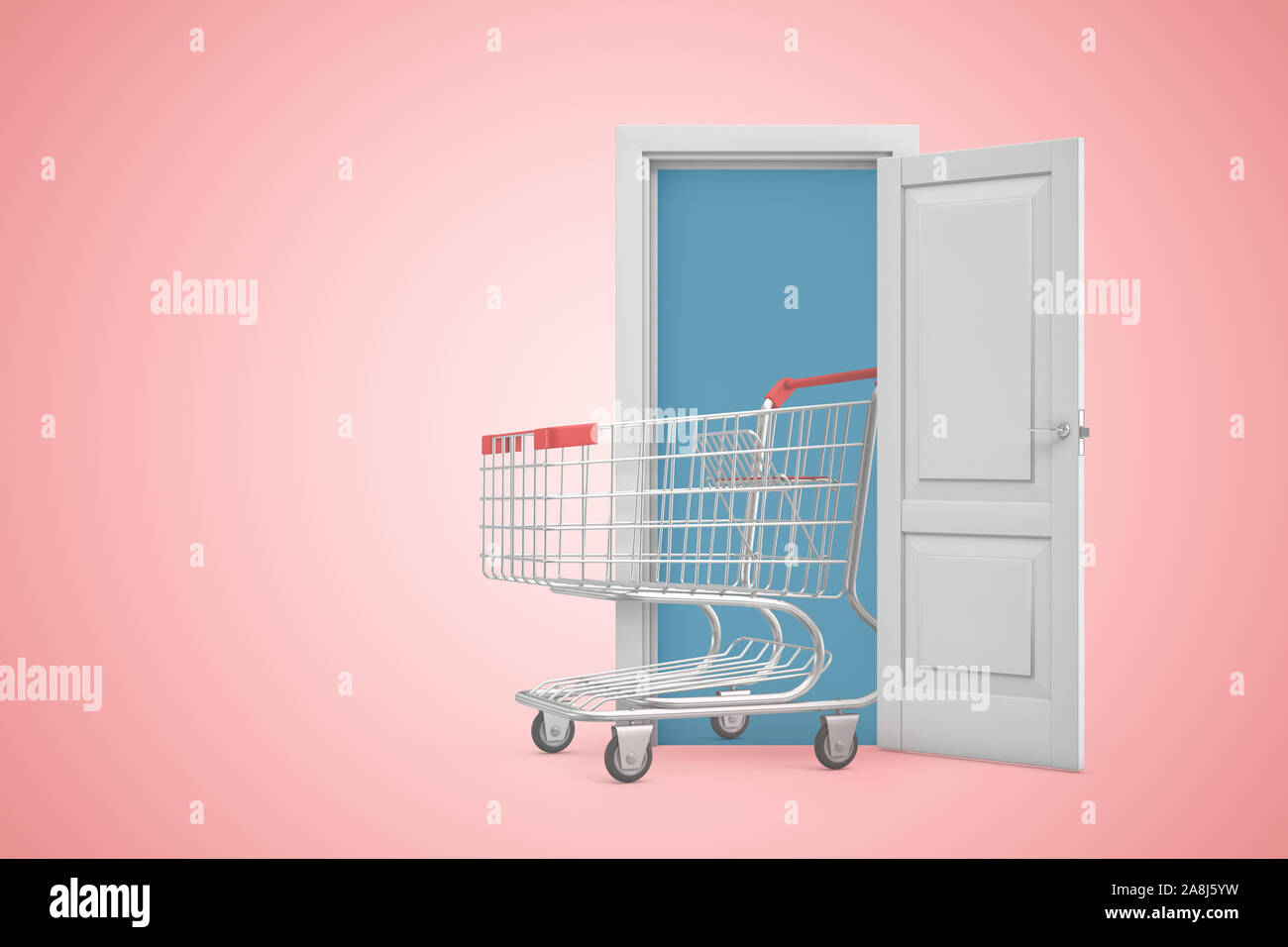 3d rendering of shopping cart in white doorway on pink background Stock ...