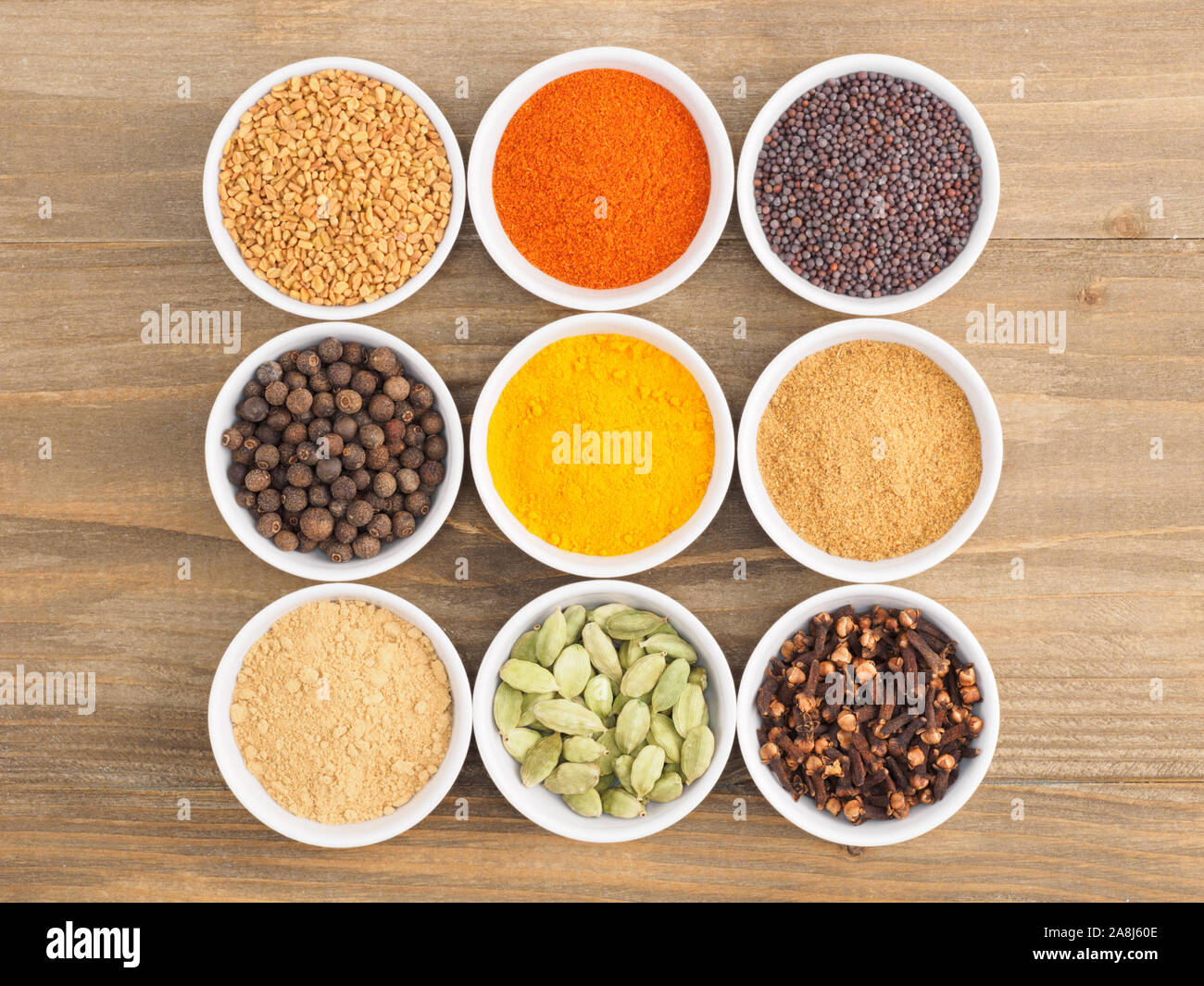 Allspice, pepper chili, fenugreek, cloves, turmeric, green cardamom