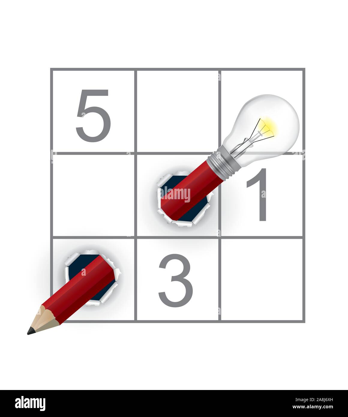 Sudoku Puzzle grid and Crazy Pencil with bulb. Red Pencil with light bulb ripped paper with sudoku. Vector available. Stock Vector