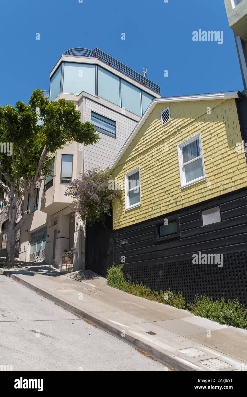 San Francisco, typical colorful houses in Telegraph Hill, with outside
