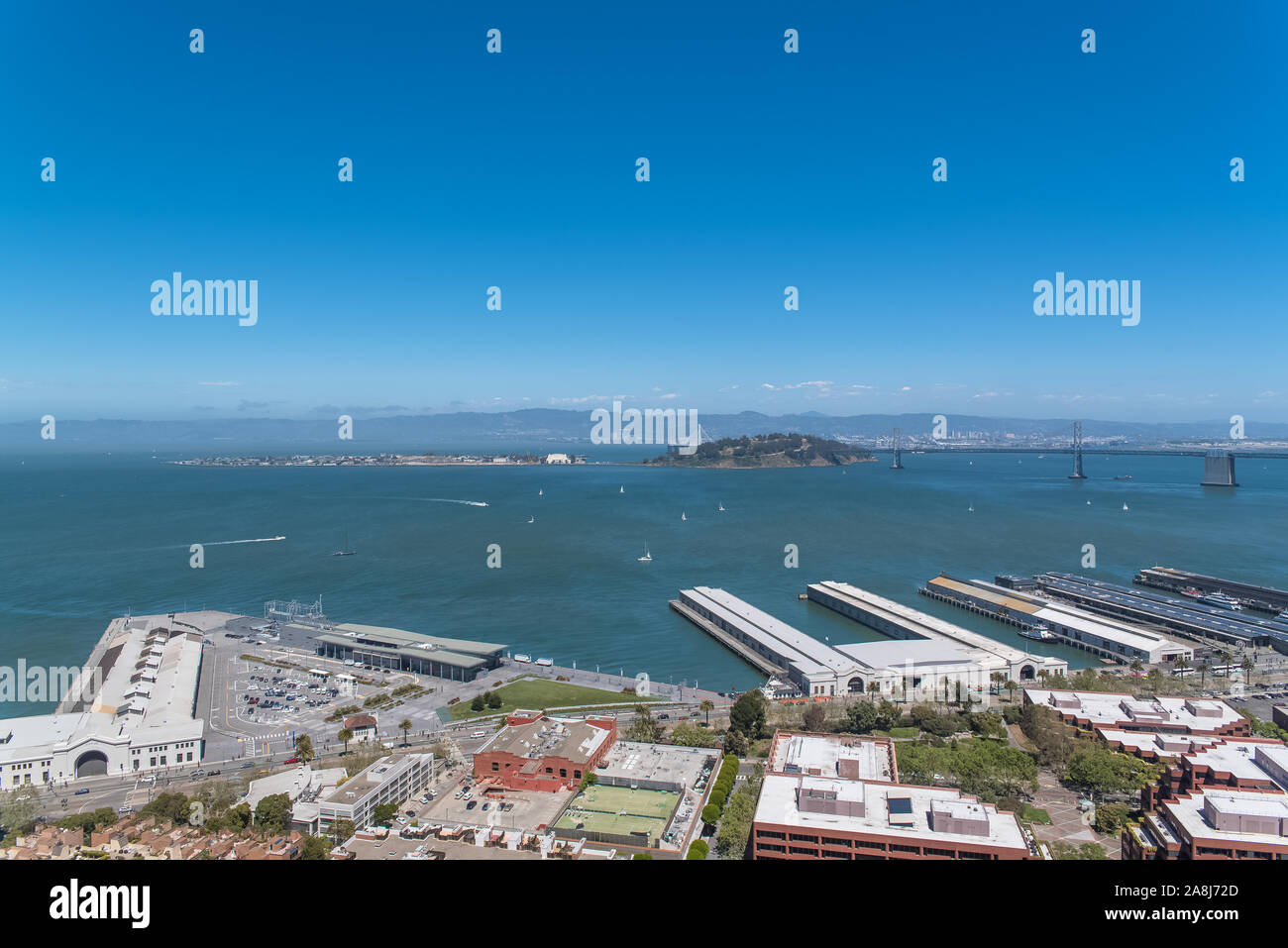 San Francisco in California, the Alcatraz island in the beautiful bay, and the Pier 39 with the marina Stock Photo