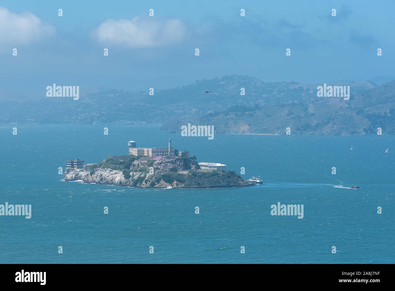 San Francisco in California, the Alcatraz island in the beautiful bay, and the Pier 39 with the marina Stock Photo