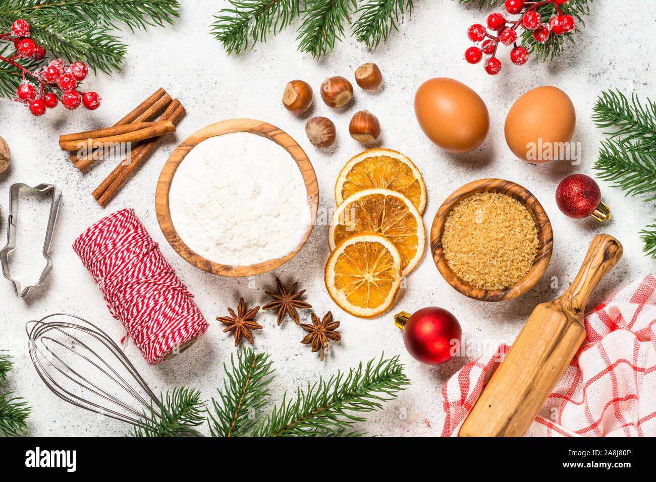 Christmas baking background on white table stock photo alamy
