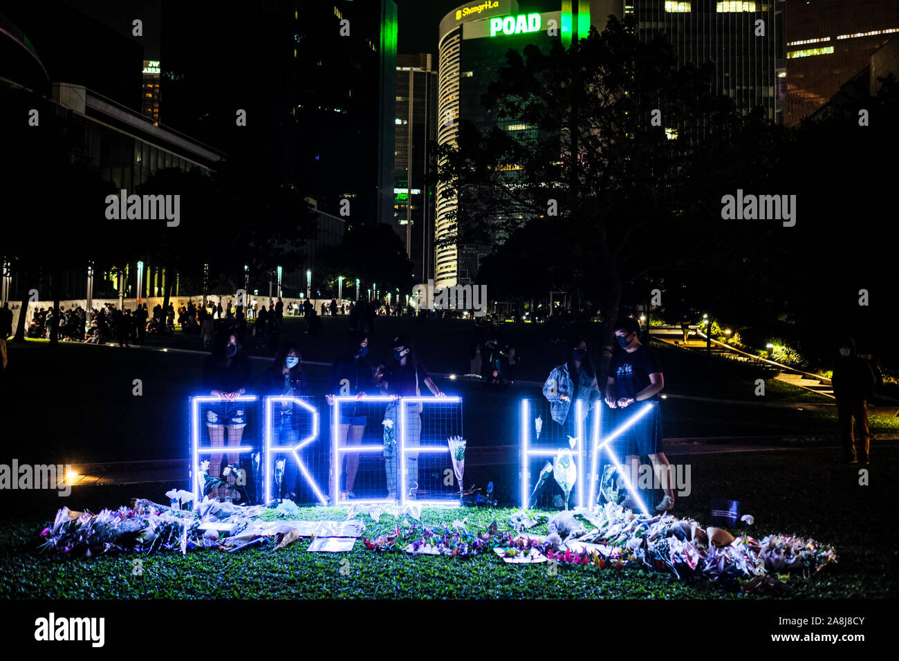 Hong Kong, China. 9th Nov, 2019. A Free HK sign is seen during a memorial rally at Tamar Park in Hong Kong to mourn the death of a 22 years old university student Alex Chow Tsz Lok, who died from a serious brain injury during a fall on November 4th as police skirmished with demonstrators last weekend. He was left in critical condition and died after suffering a cardiac arrest on Friday. Credit: Keith Tsuji/ZUMA Wire/Alamy Live News Stock Photo