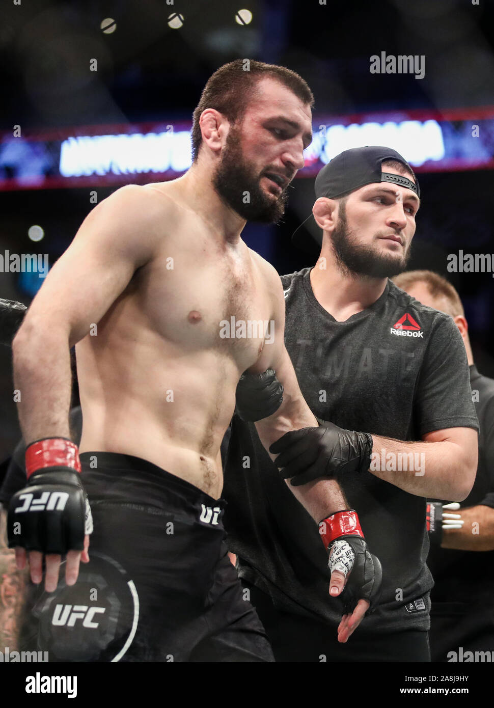 Moscow Russia 09th Nov 2019 Moscow Russia November 9 2019 Ufc Lightweight Champion Khabib Nurmagomedov R And His Cousin Ufc Welterweight Fighter Abubakar Nurmagomedov During A Break In A Bout Against