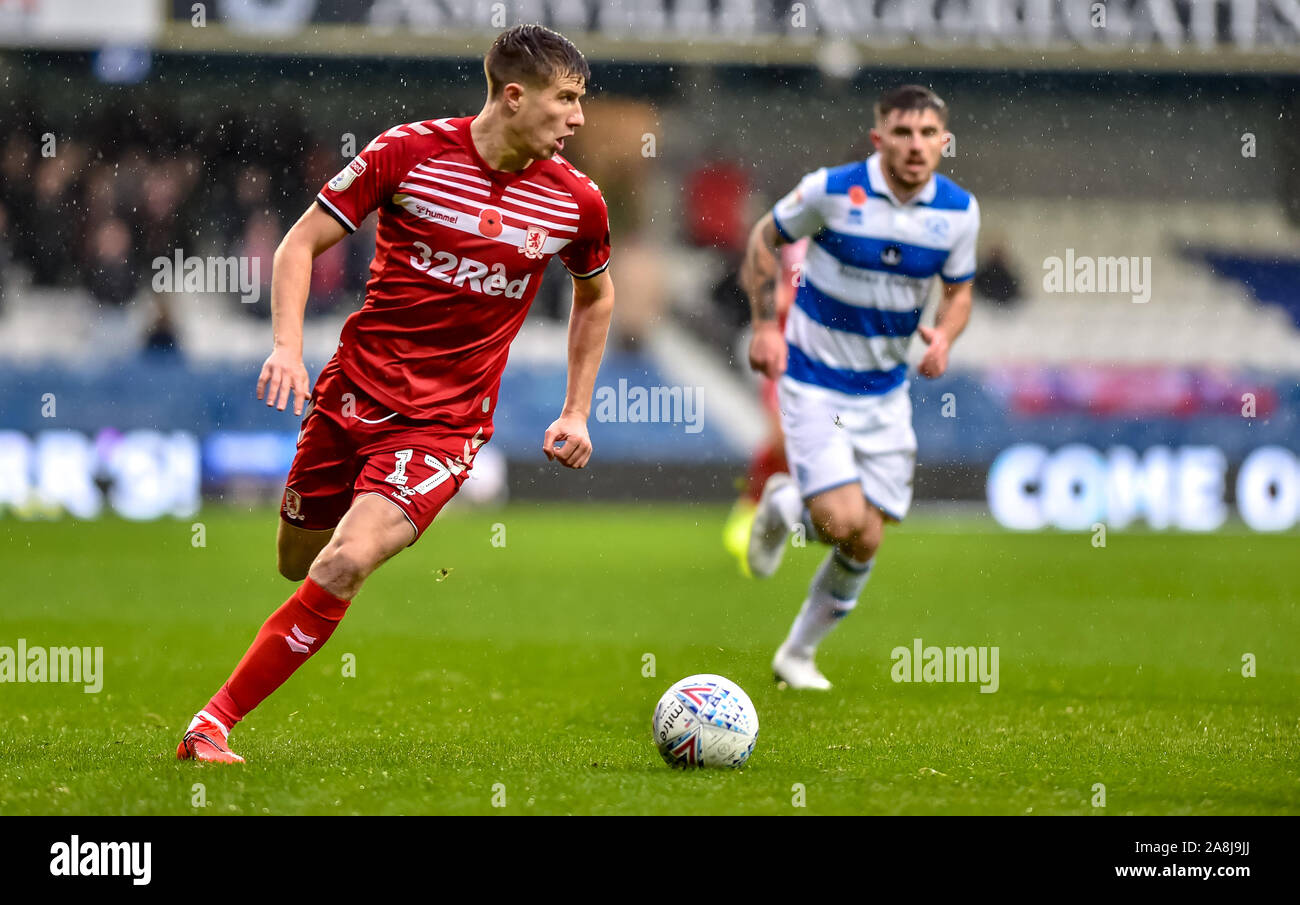 London, UK. 09th Nov, 2019.  Paddy McNair of Middlesborough FC with the ball during the EFL Sky Bet Championship match between Queens Park Rangers and Middlesbrough at The Kiyan Prince Foundation Stadium, London, England. Photo by Phil Hutchinson. Editorial use only, license required for commercial use. No use in betting, games or a single club/league/player publications. Credit: UK Sports Pics Ltd/Alamy Live News Stock Photo
