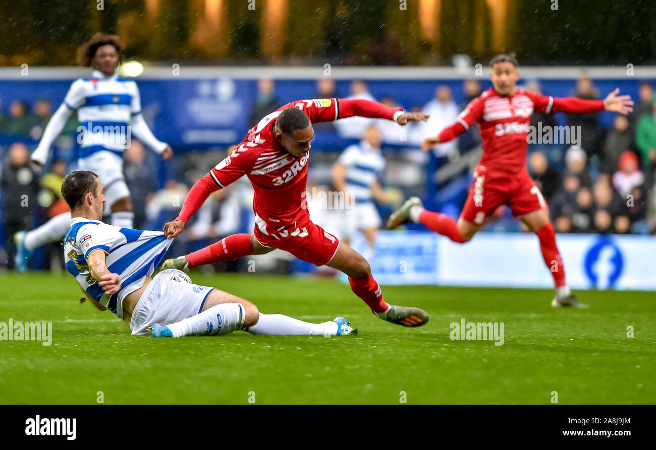 London, UK. 09th Nov, 2019.  Britt Assombalonga of Middlesborough FC takes a tumble during the EFL Sky Bet Championship match between Queens Park Rangers and Middlesbrough at The Kiyan Prince Foundation Stadium, London, England. Photo by Phil Hutchinson. Editorial use only, license required for commercial use. No use in betting, games or a single club/league/player publications. Credit: UK Sports Pics Ltd/Alamy Live News Stock Photo