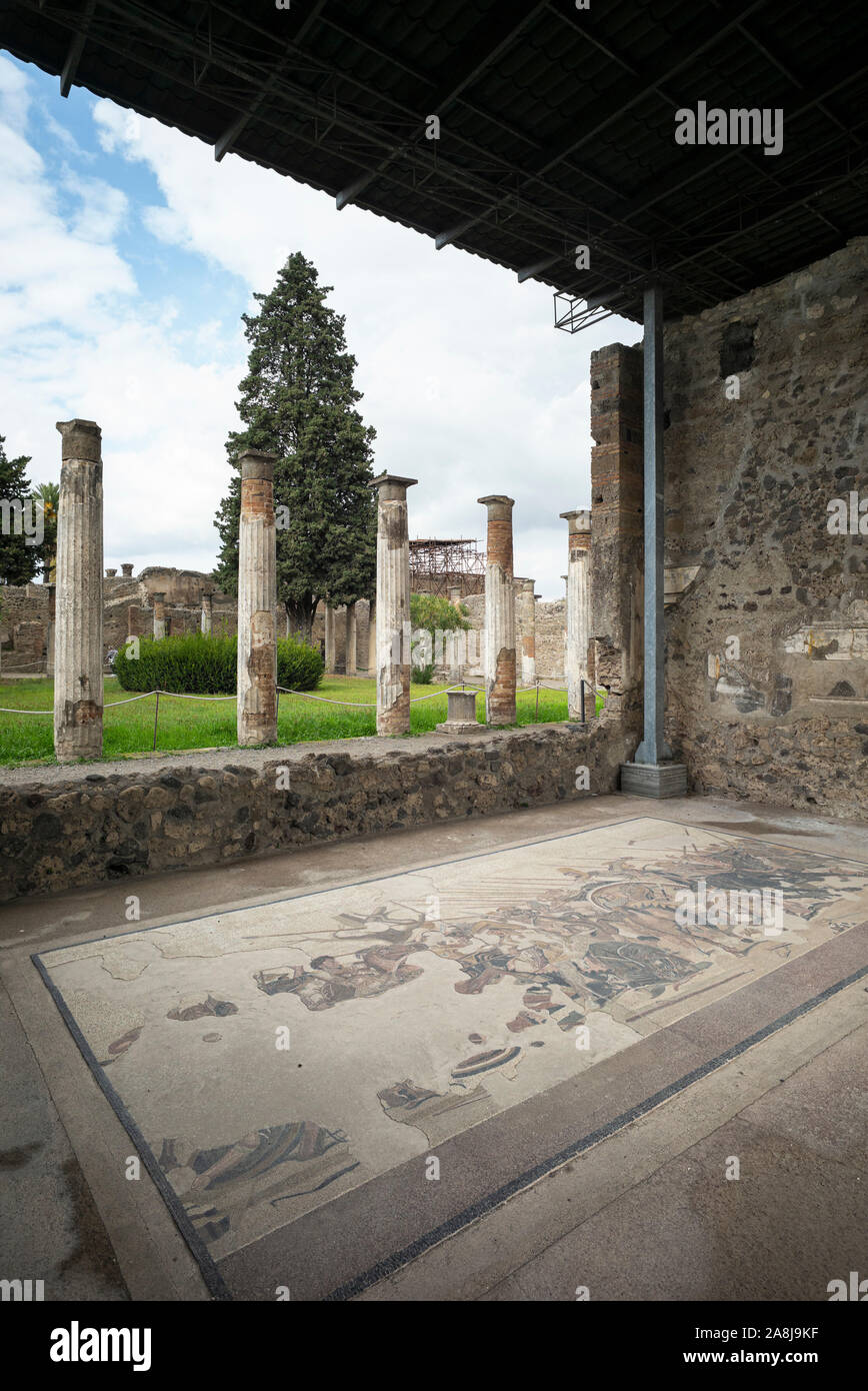 Pompei. Italy. Archaeological site of Pompeii. Casa del Fauno / House of the Faun. Remains of a floor mosaic depicting Alexander the Great confronting Stock Photo