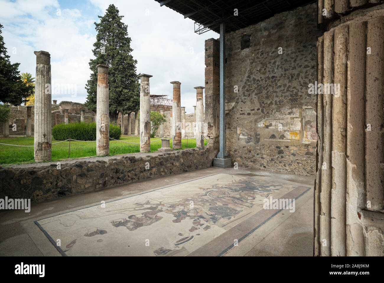 Pompei. Italy. Archaeological site of Pompeii. Casa del Fauno / House of the Faun. Remains of a floor mosaic depicting Alexander the Great confronting Stock Photo