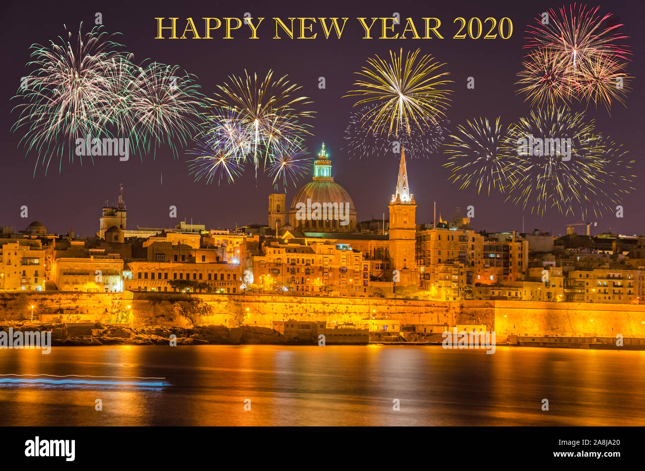 New year's eve and fireworks over Valletta, Malta Stock Photo