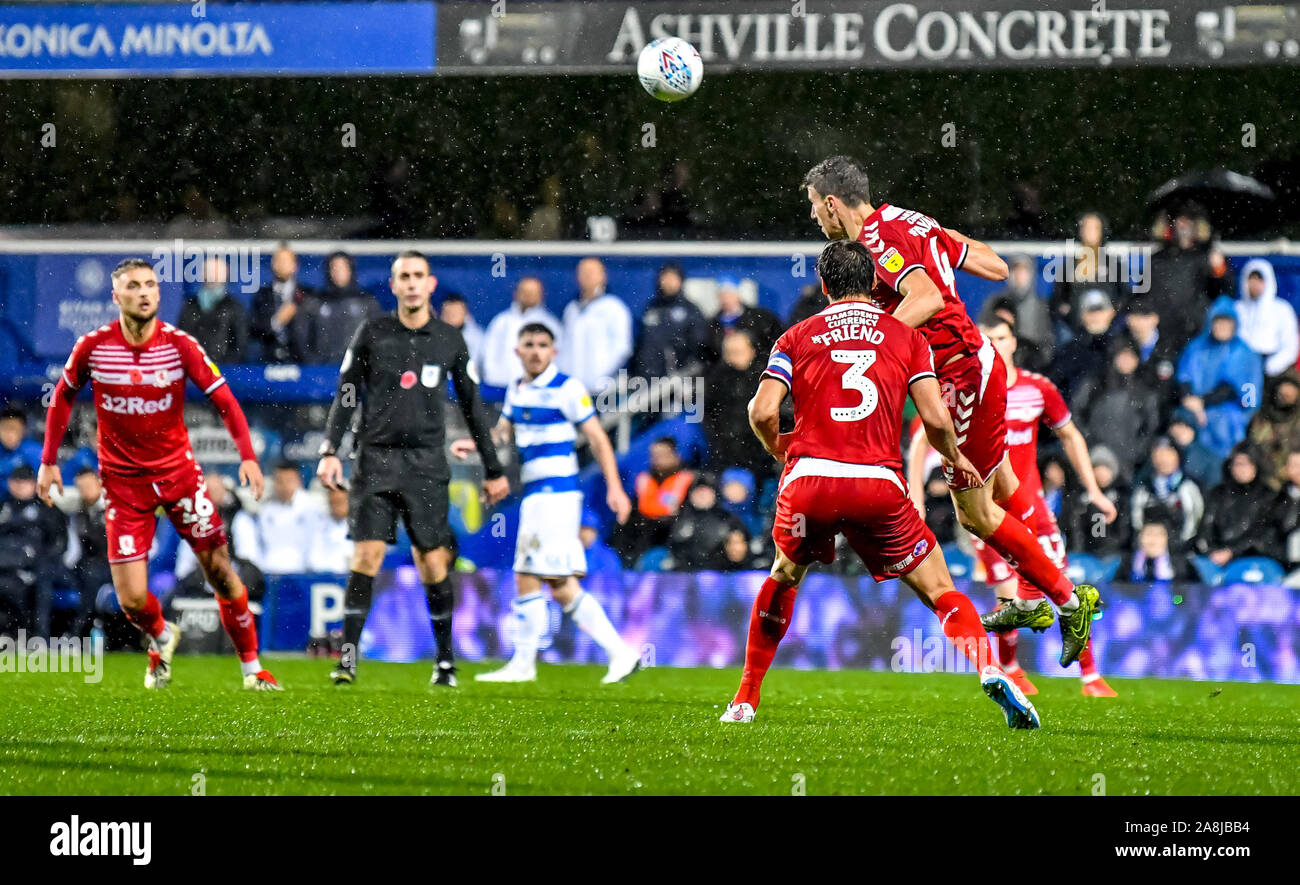 London, UK. 09th Nov, 2019. Daniel Ayala of Middlesborough FC clears the ball during the EFL Sky Bet Championship match between Queens Park Rangers and Middlesbrough at The Kiyan Prince Foundation Stadium, London, England. Photo by Phil Hutchinson. Editorial use only, license required for commercial use. No use in betting, games or a single club/league/player publications. Credit: UK Sports Pics Ltd/Alamy Live News Stock Photo