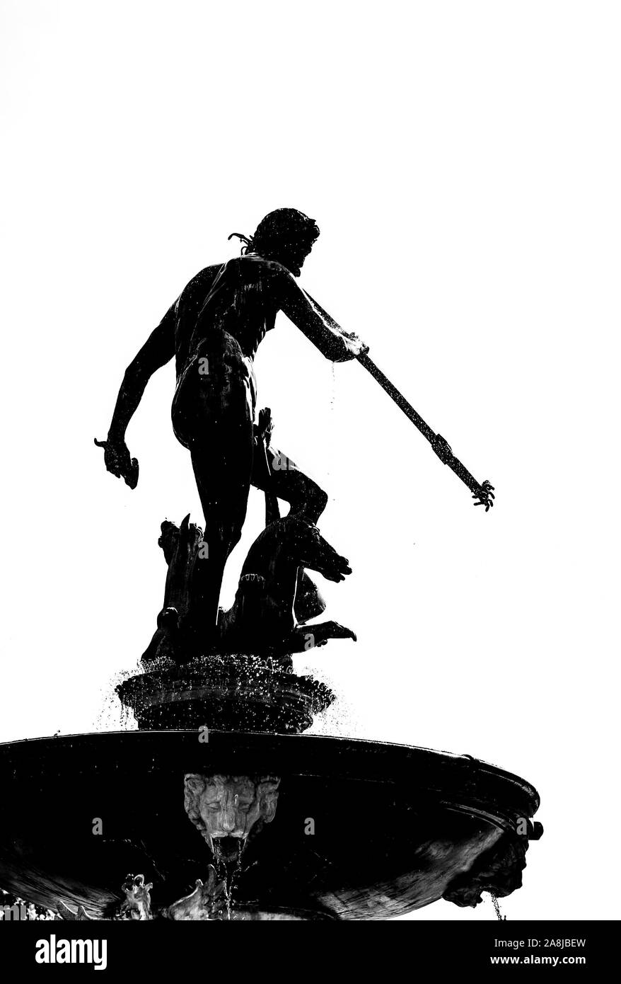 Black silhuette on white background of Neptune fountain located at Long Market in Gdansk, Poland Stock Photo