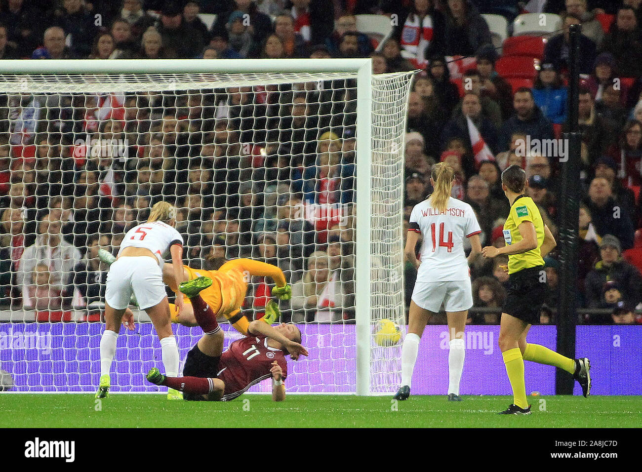 London, UK. 09th Nov, 2019.  Alexandra Popp of Germany Women (3L) scores her team's first goal. England Women v Germany Women, international friendly match at the Wembley Stadium on Saturday 9th November 2019. this image may only be used for Editorial purposes. Editorial use only, license required for commercial use. No use in betting, games or a single club/league/player publications. pic by Steffan Bowen/Andrew Orchard sports photography/Alamy Live news Credit: Andrew Orchard sports photography/Alamy Live News Stock Photo