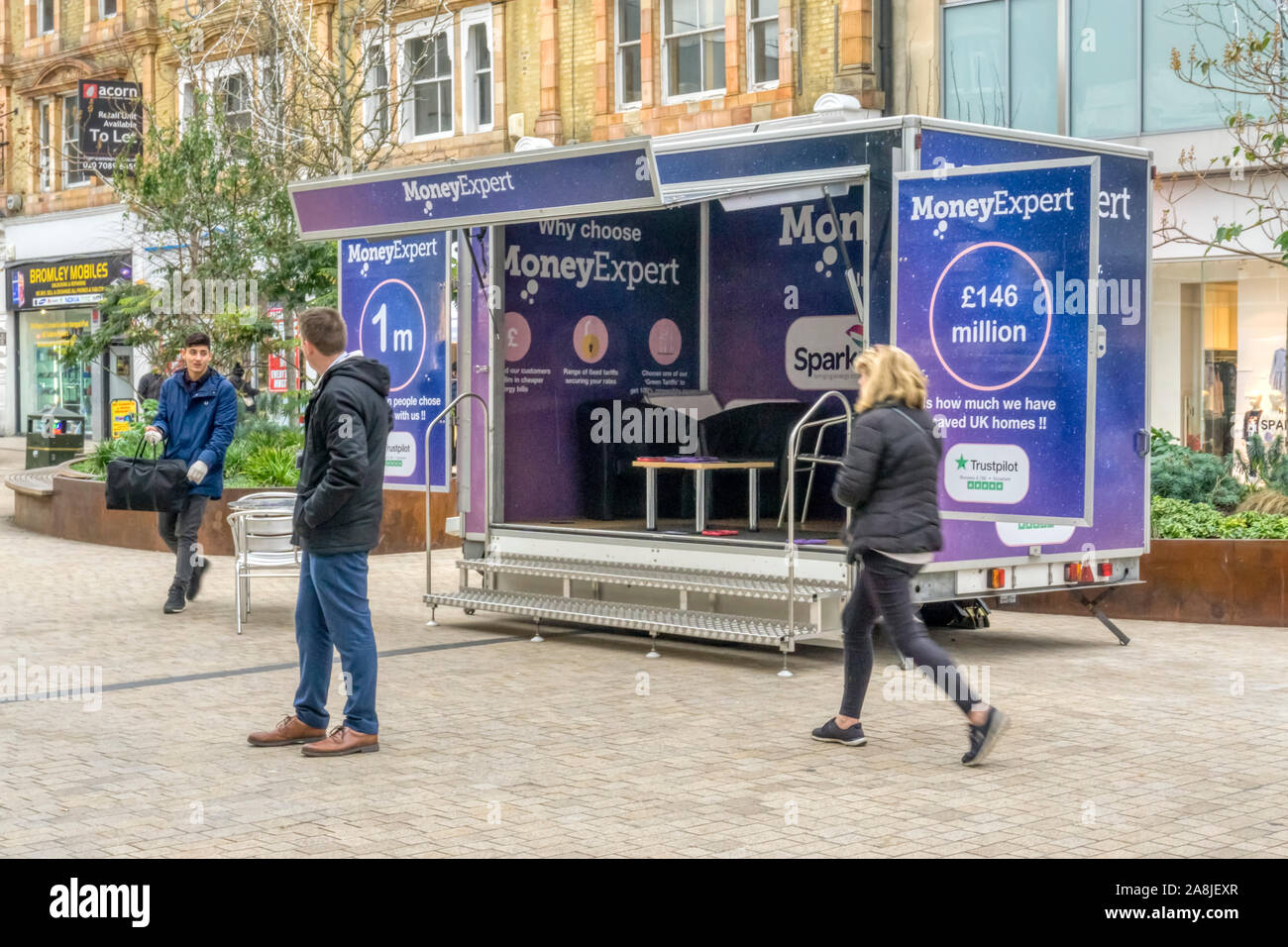 A stand in Bromley High Street publicising MoneyExpert a cost comparison site. Stock Photo