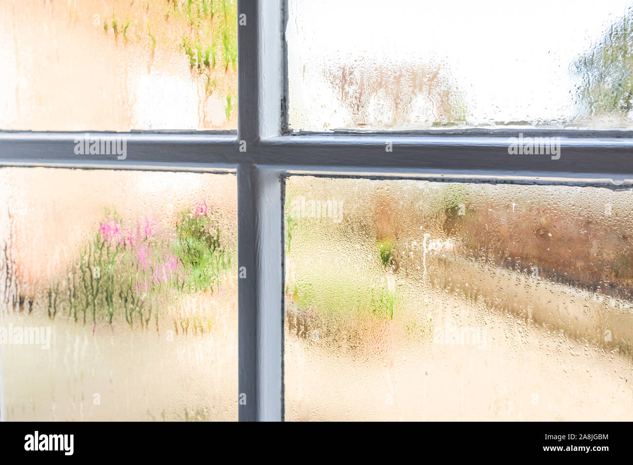 Condensation on window panes of an old sash window Stock Photo
