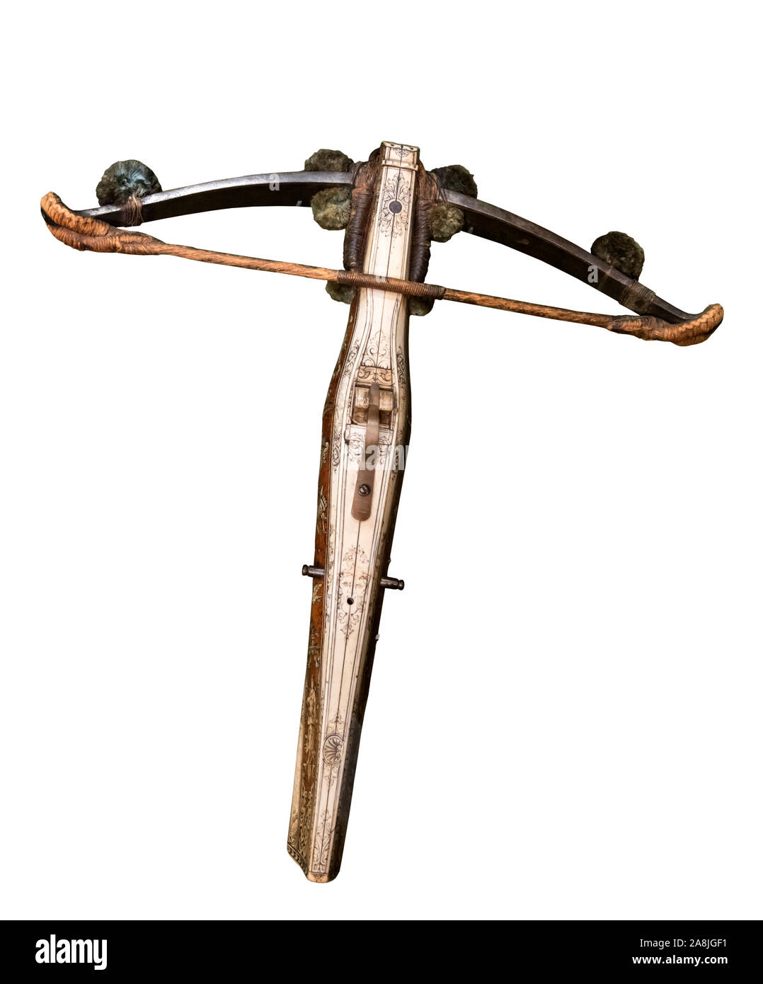 18th century German Crossbow made by Johann Gottfried Hänisch (1696-1780),  steel/walnut/staghorn/bovine horn/bone/silk fiber and hemp, 1732 Stock Photo