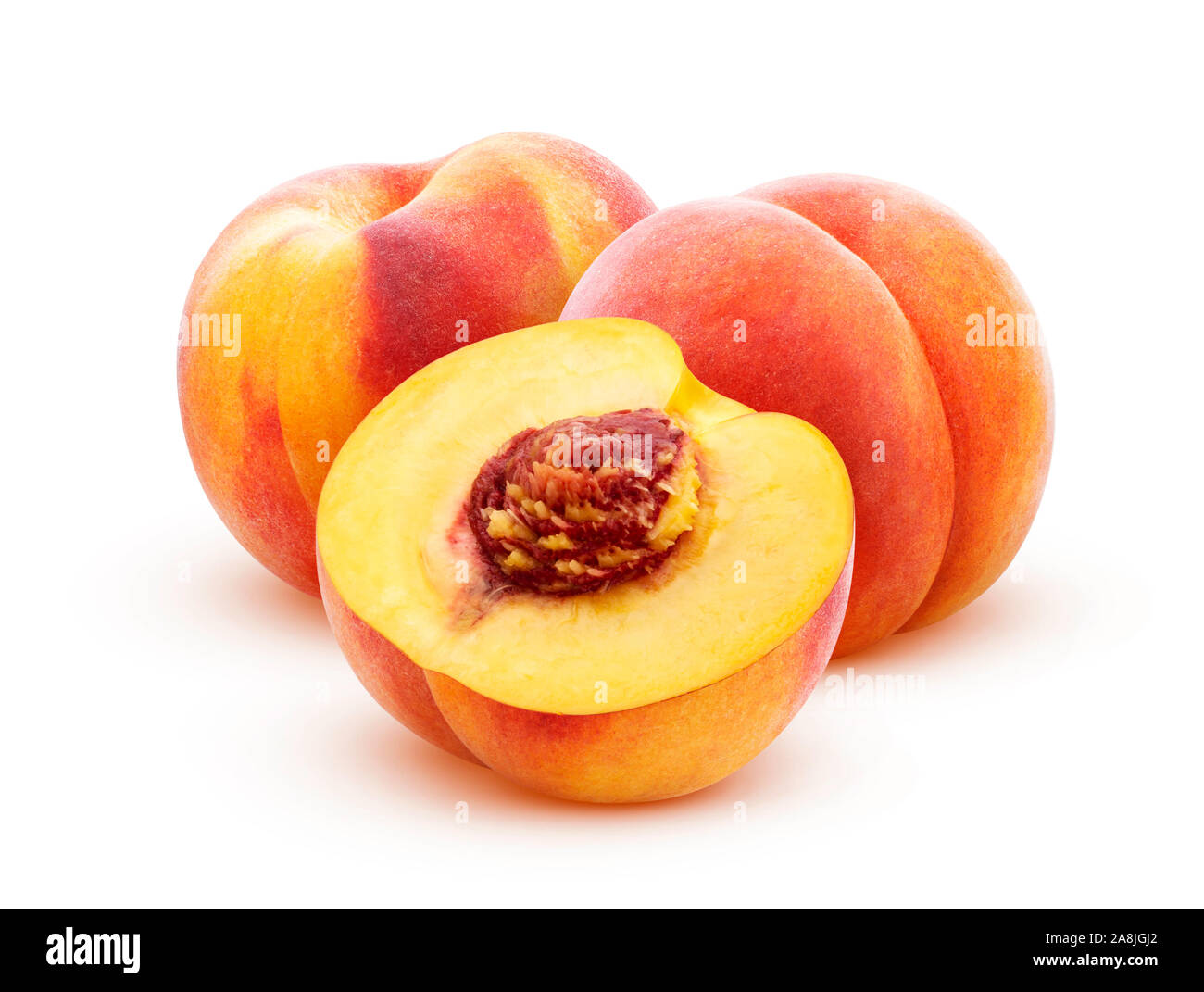 Peach isolated on white background, ripe whole and sliced peaches with ...