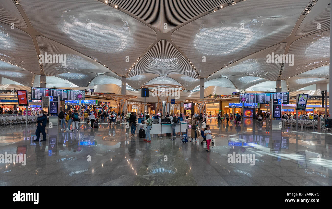Istanbul, Turkey - August 4 2019; Transit area on Istanbul Internatiol Airport brand new building nice architecture lot of reflections, space and ligh Stock Photo